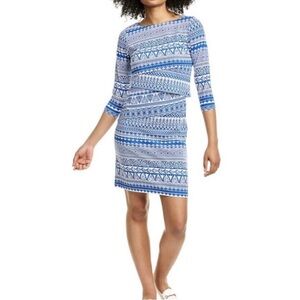 J. McLaughlin Blue White Nicola Tiered Print Dress nautical coastal stretch